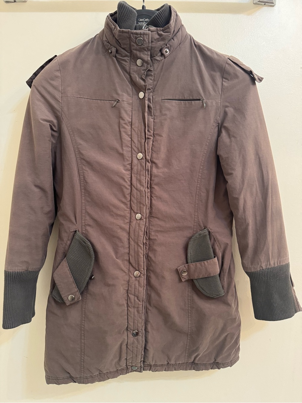 Enzzo Taupe Fitted Coat Two-Layer with Ribbed Sweater Trim
